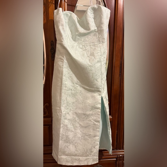 Beloved Belle Mint Green Jacquard Strapless Bow Midi Dress - Picture 6 of 7